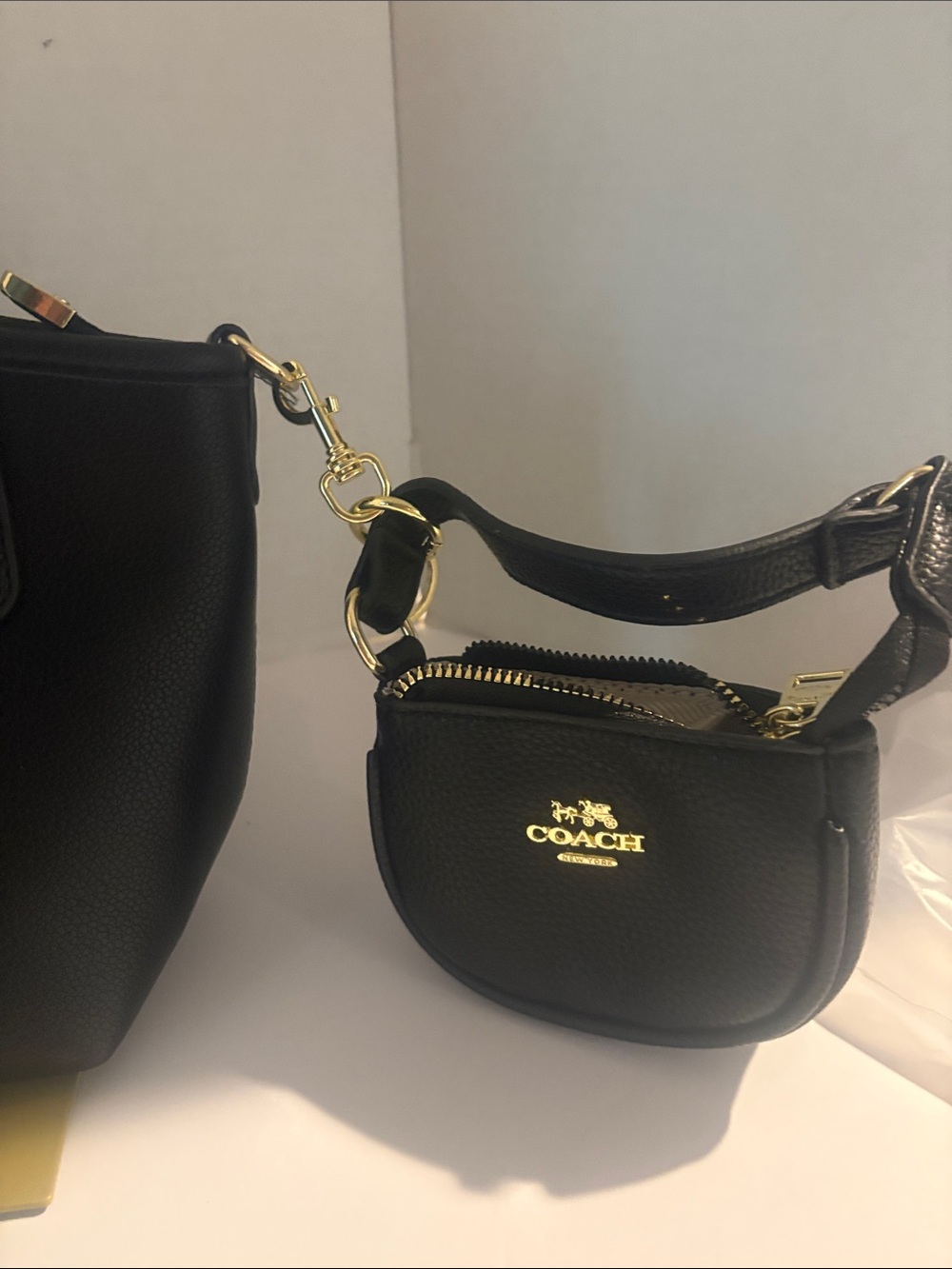 Coach Black Pebbled Leather Tote with Mini Pouch and Strap - Picture 10 of 11